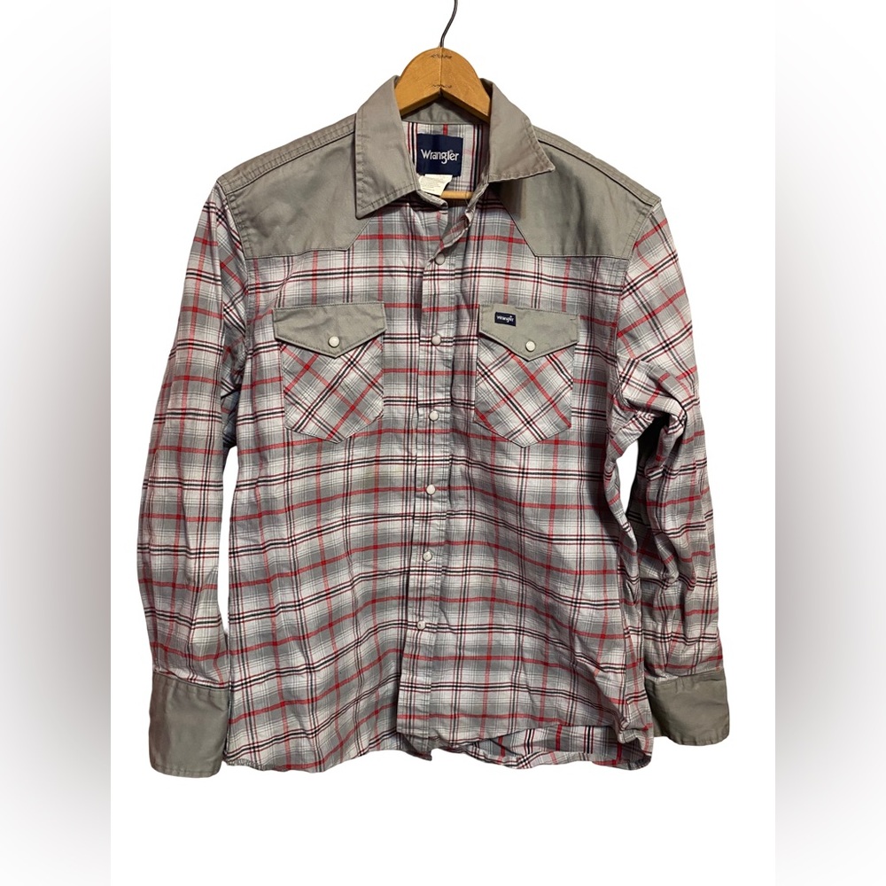 Vtg Wrangler Brushpopper Gray Red Plaid Pearl Snap Western Shirt Mens Large